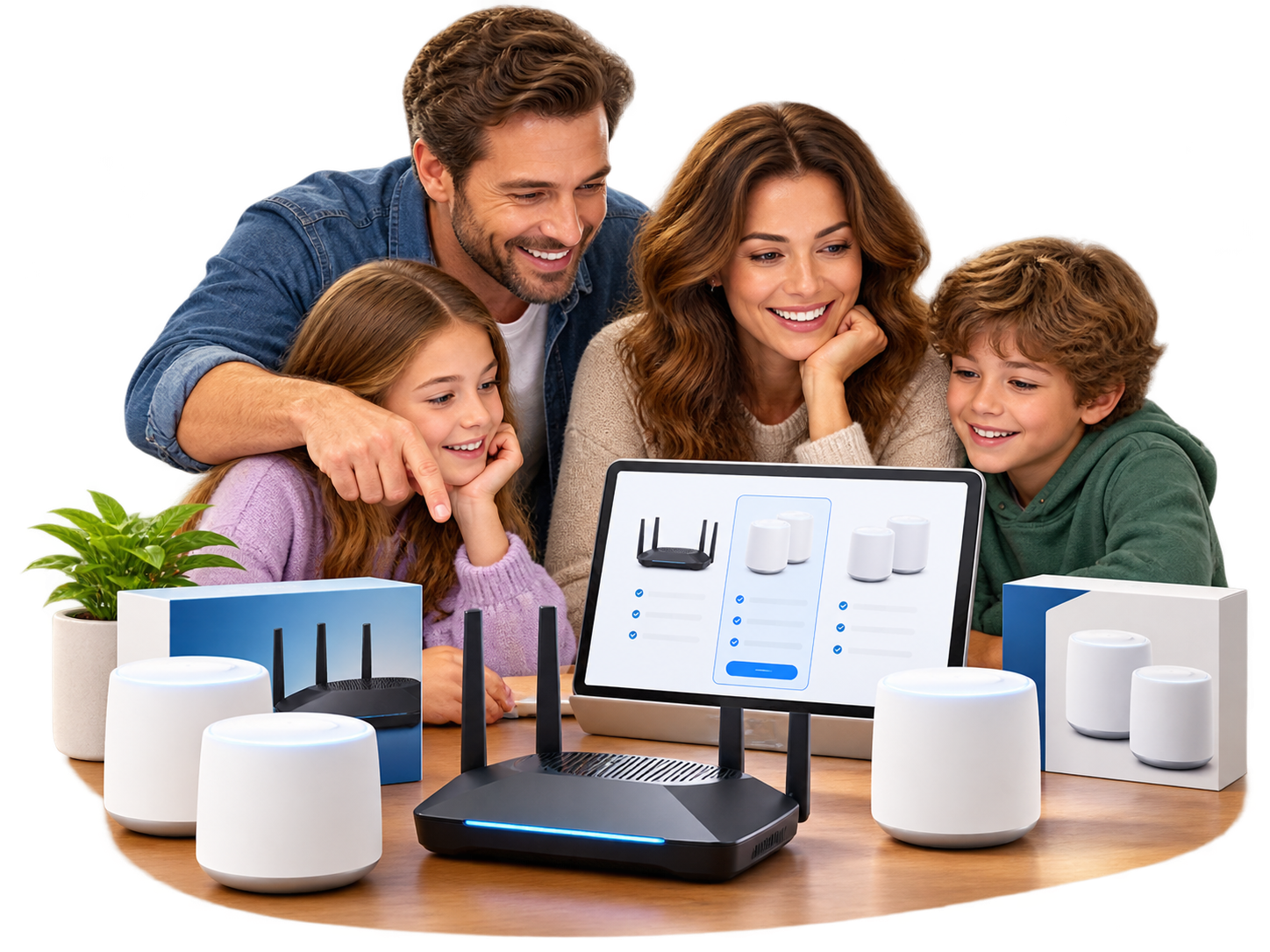 Family choosing a router and mesh Wi-Fi system